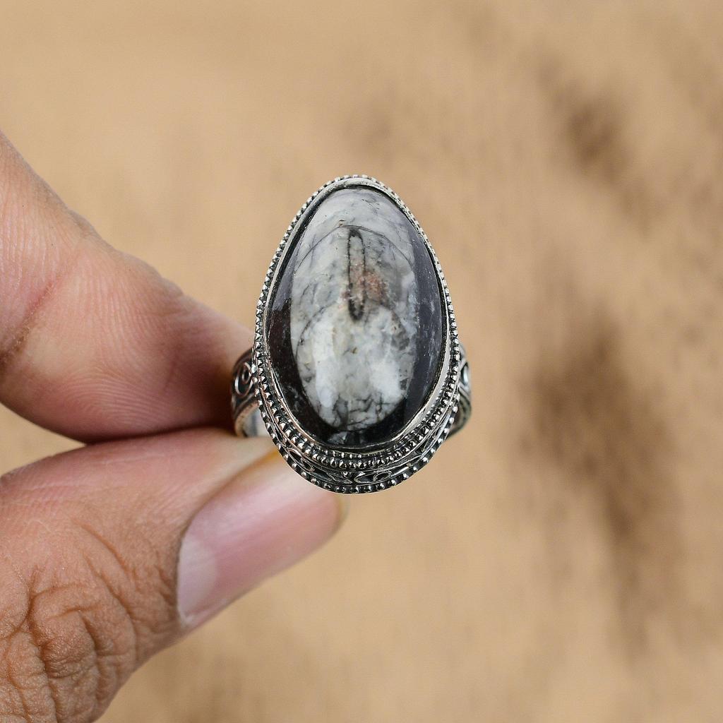 Натуральный ископаемый ортоцерас Многокаменный Винтажное Серое Кольцо Размер 9 Серебро 925 пробы