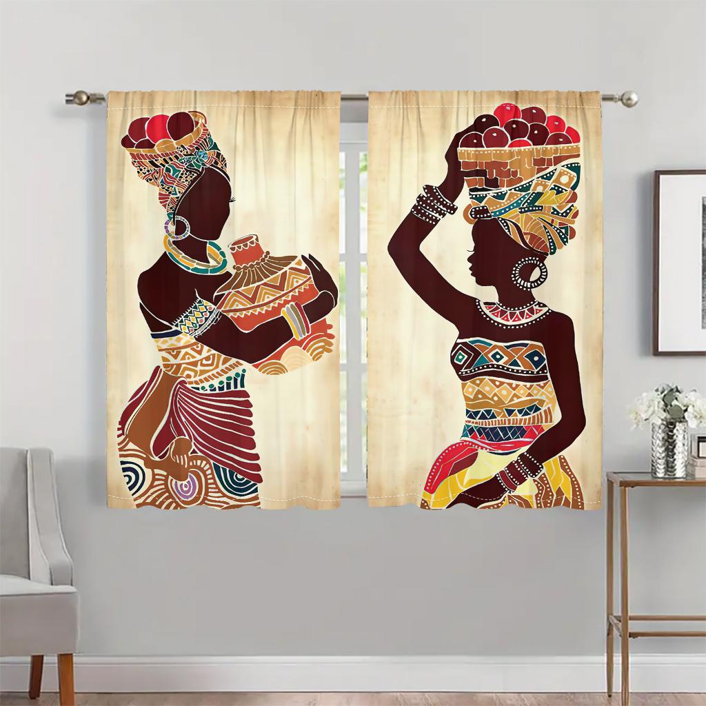 2PCS African Women Pattern Curtains Ethnic Colorful Print Bedroom Living Room Decor Art Culture Window Panels