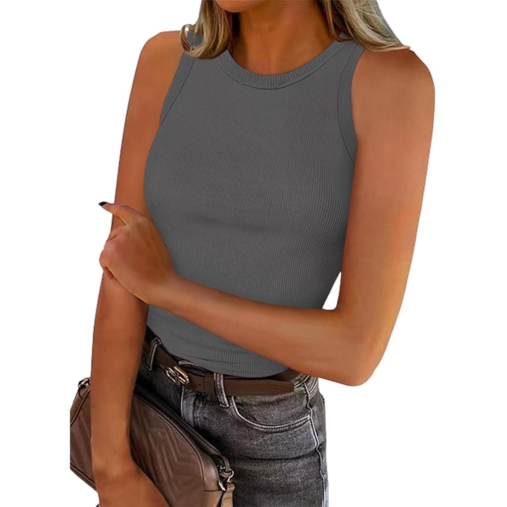 Женская летняя мода, повседневный однотонный топ без рукавов с круглым вырезом, узкая майка