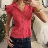 Women's Red Smocked Waist Polo Collar Shirt - Summer Slim Fit with Button Detail
