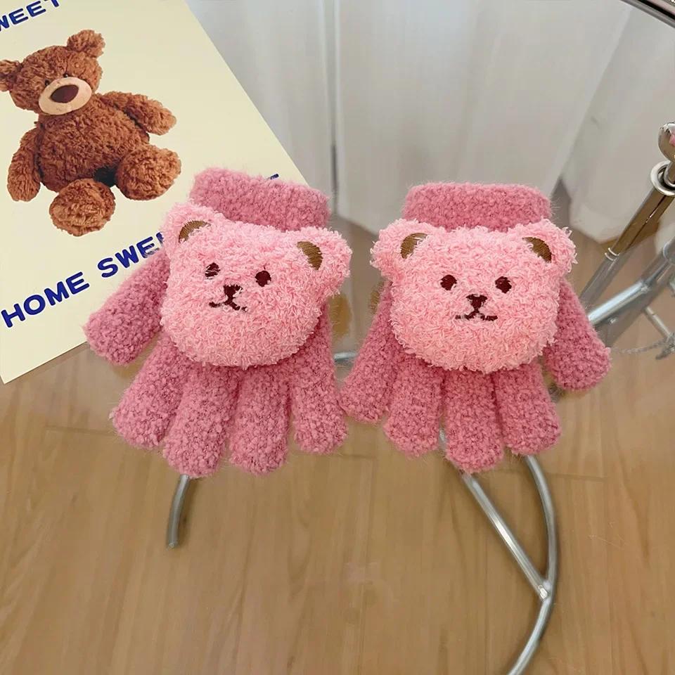 1 Pair Warm Otudoor Kids Glove for Boy Girl 3D Cute Cartoon Bear Glove for Toddler Sweet Autumn Winter Thicken Warm Baby Glove