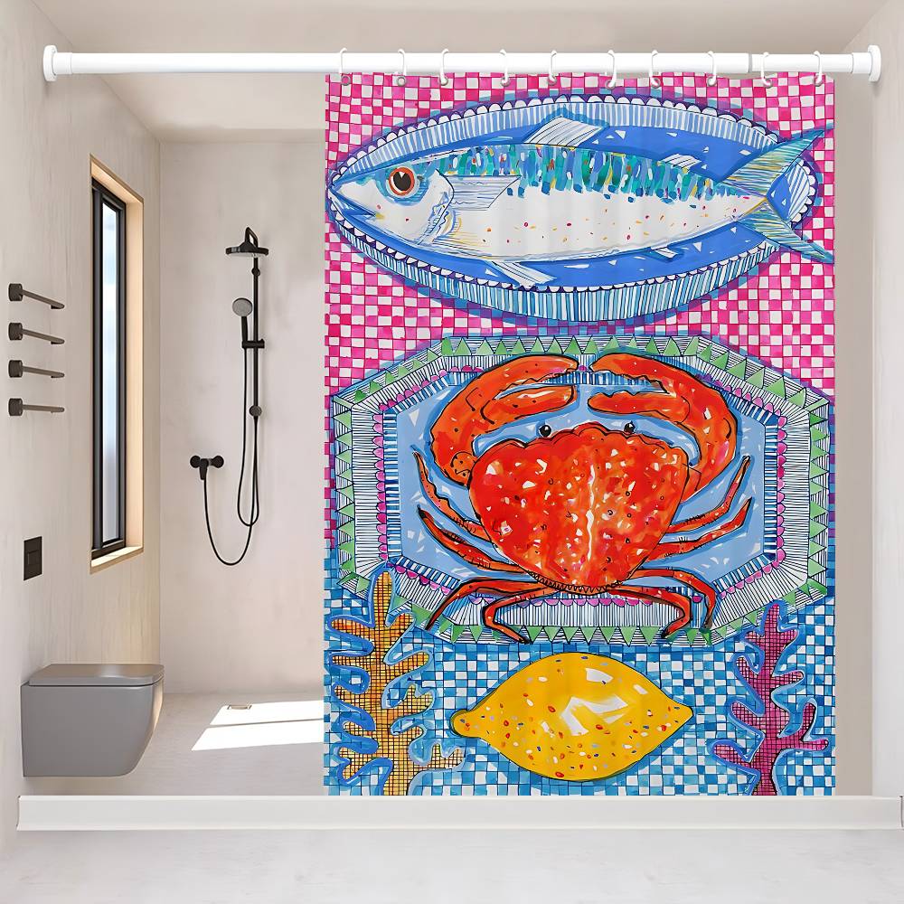 Colorful Sardine Lobster Fish Ocean Bathroom Curtain Classic Anime Fabric Shower Curtain With 12 Hooks Waterproof Bathroom Decor
