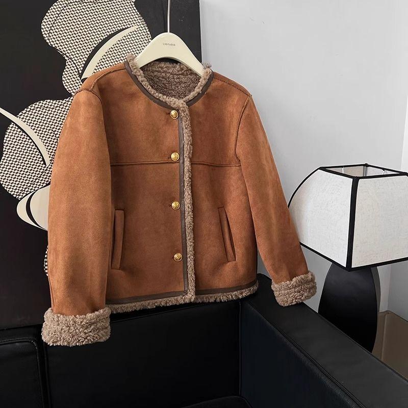 Korea Retro Maillard Wool Fur Coat Female 2024 Winter New Short Loose Plush Jackets Fashion Design Casual Clothes Thick