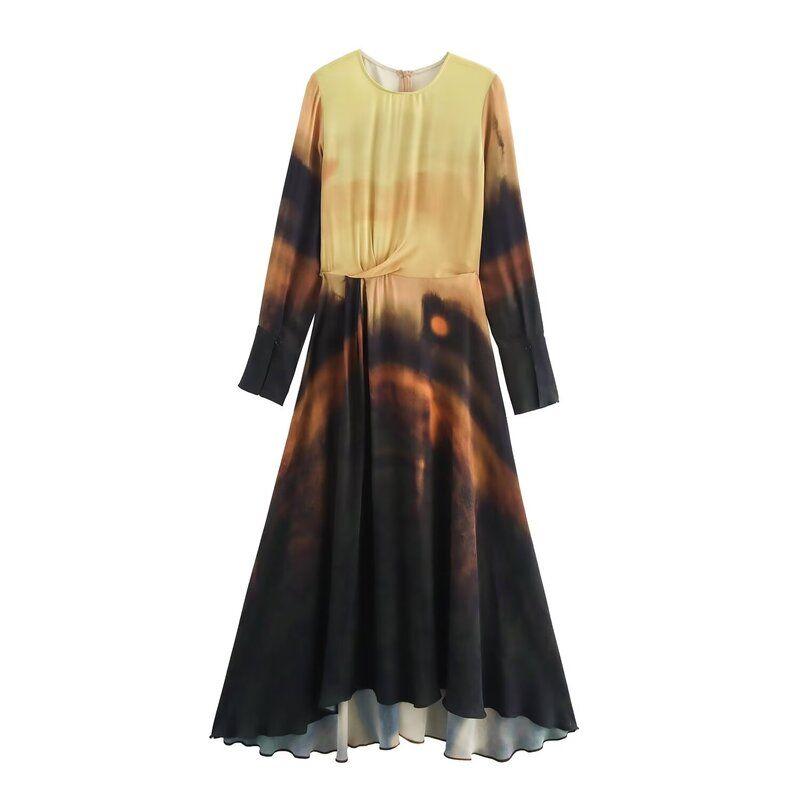 Fashion Style 2024 Fall and Winter New Women's Clothing Stylish Print Long Sleeves Long Midi Skirt Dress 9148090