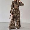 Fashionable Leopard Print Loose Long-sleeved Trousers Two-piece Women's Suit