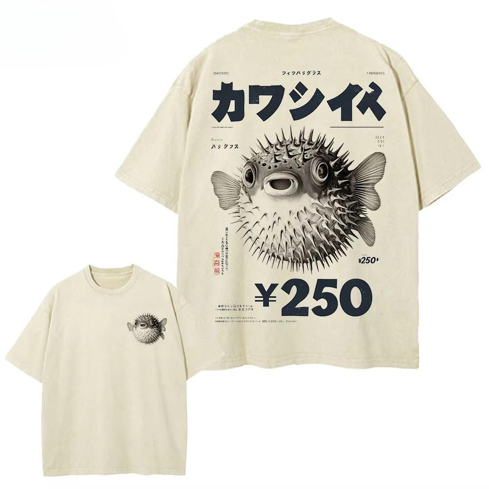 Hot Vintage Fugu Puffer Fish Raunisex Tshirts Unisex Unisex Clothing Summer Cotton Tee Shirt Fashion Crewneck Short Sleeve Casual Top