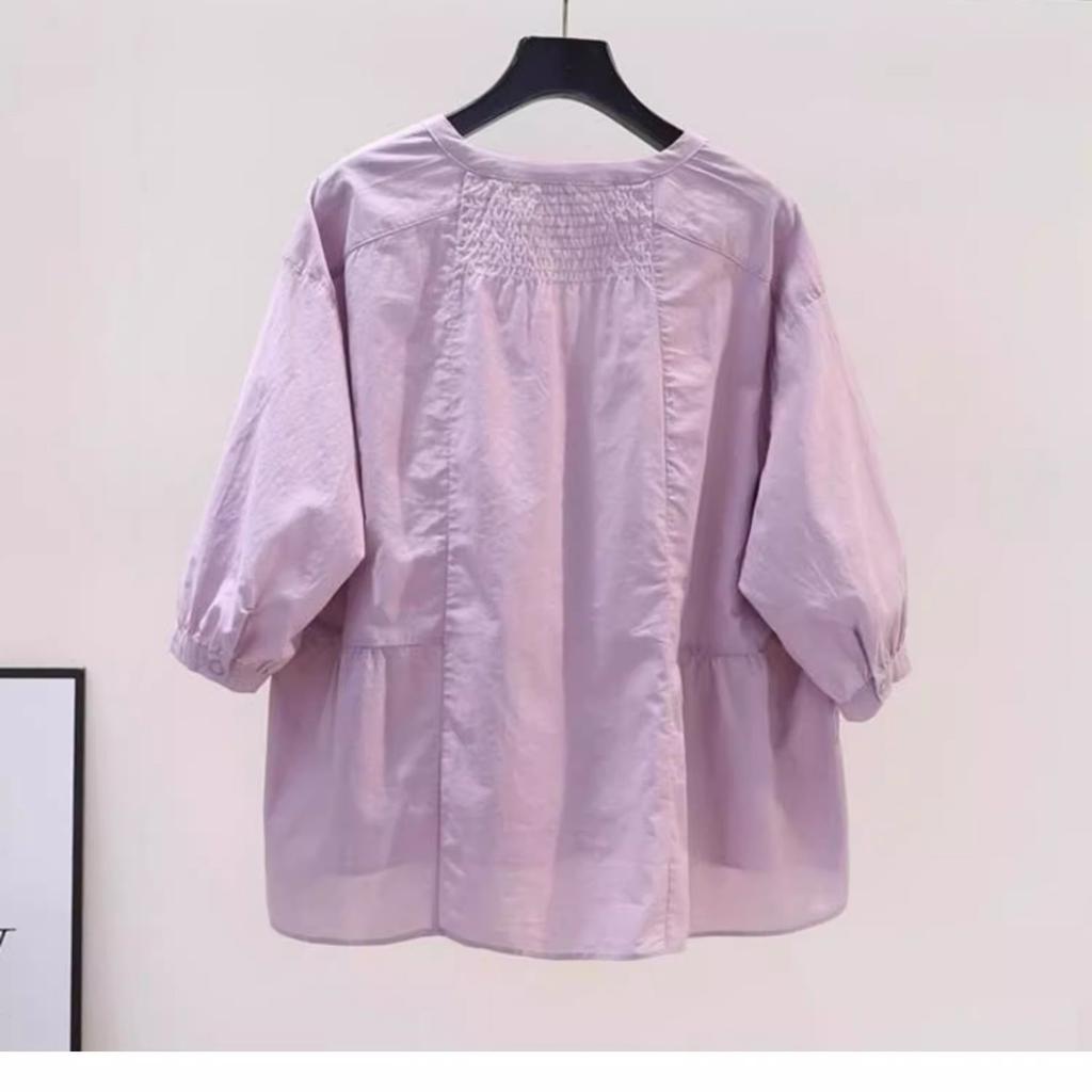 French purple seven-quarter-sleeved cotton shirt short-sleeved T-shirt women's 1116 new summer loose belly-covering half-sleeved top