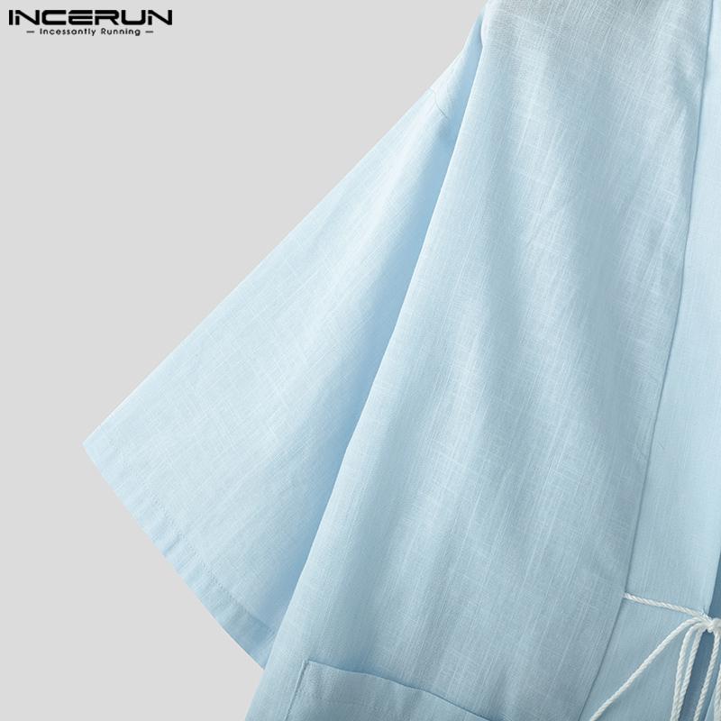 INCERUN Винтажный мужской летний кардиган с рукавами 3/4 и шнуровкой, кимоно с открытым передом