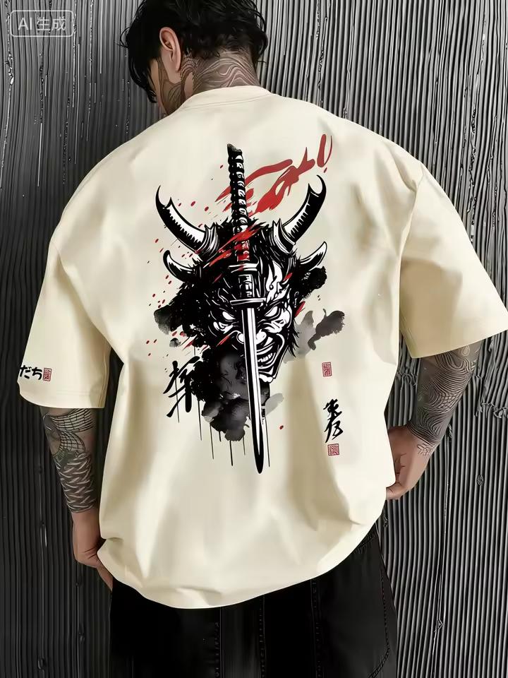 Summer Men's Samurai Pattern Printed T-shirt Youthful Fashion 100% Pure Cotton Breathable Round-neck Japanese Trendy Style