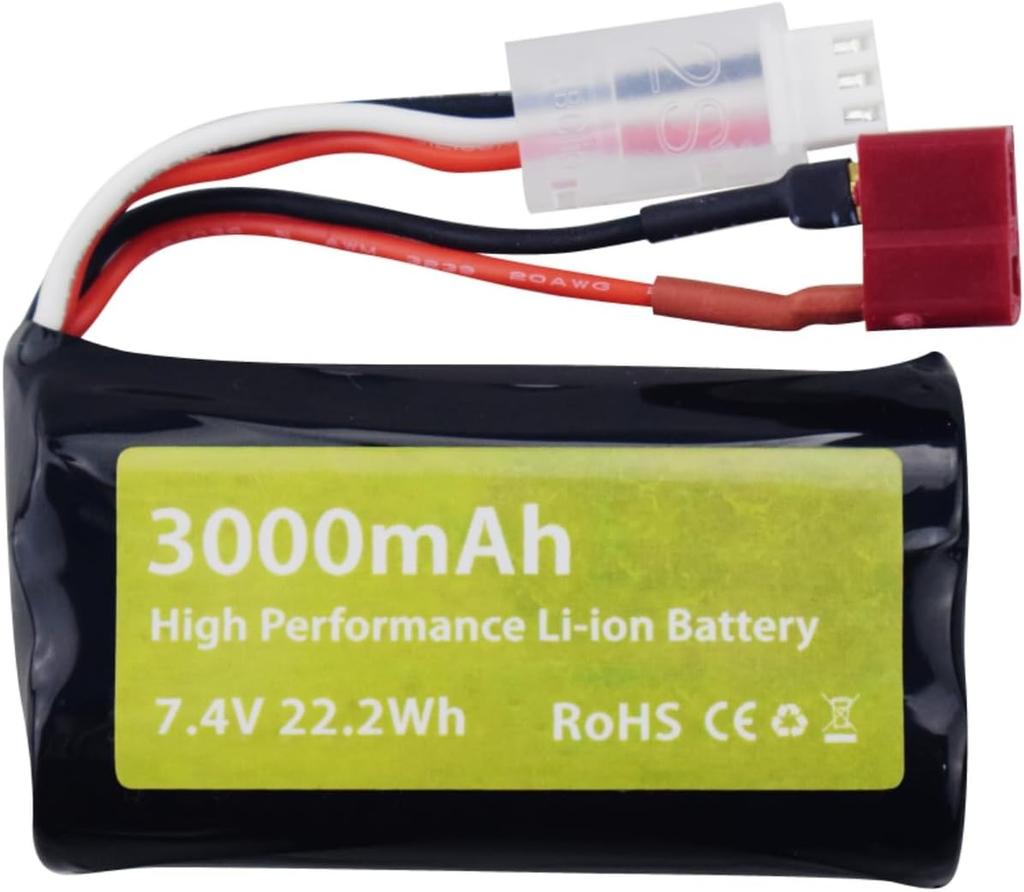 2x 7.4V 3000mAh 15C 2S Li-ion Battery with T Plug and 2-in-1 Charger – for WLtoys 12423 MJX 14301 14302 14303 H16PL RC Car 1/10 1/12 1/16 Scale