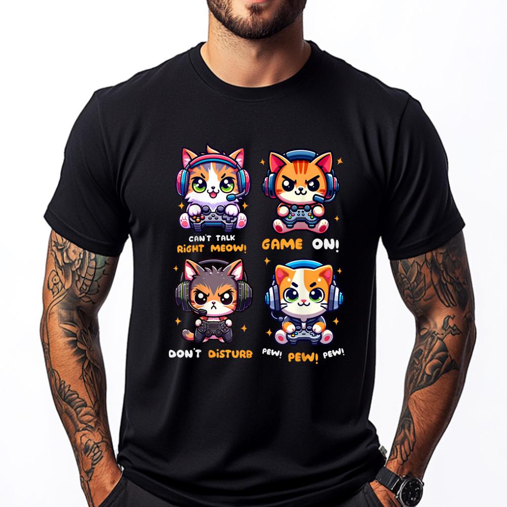 Gamer Cat Funny Gaming Video Games Pew Kawaii Cat Tee Shirts for Men 3XL Men Clothing Printed TShirt