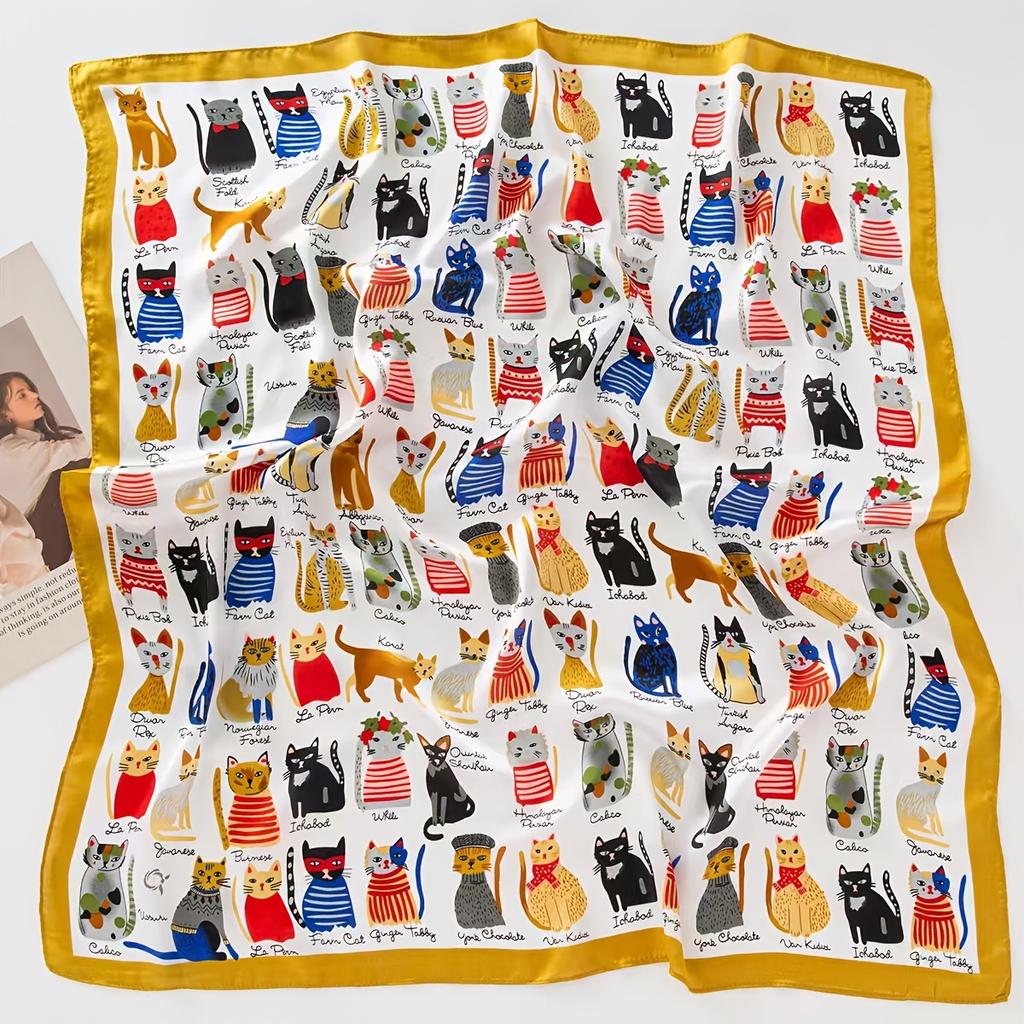 Trendy Cat Print Imitation Silk Scarf for Women,Soft Satin Bandana,Versatile for Neck,Hair, Bag, Ladies Scarf