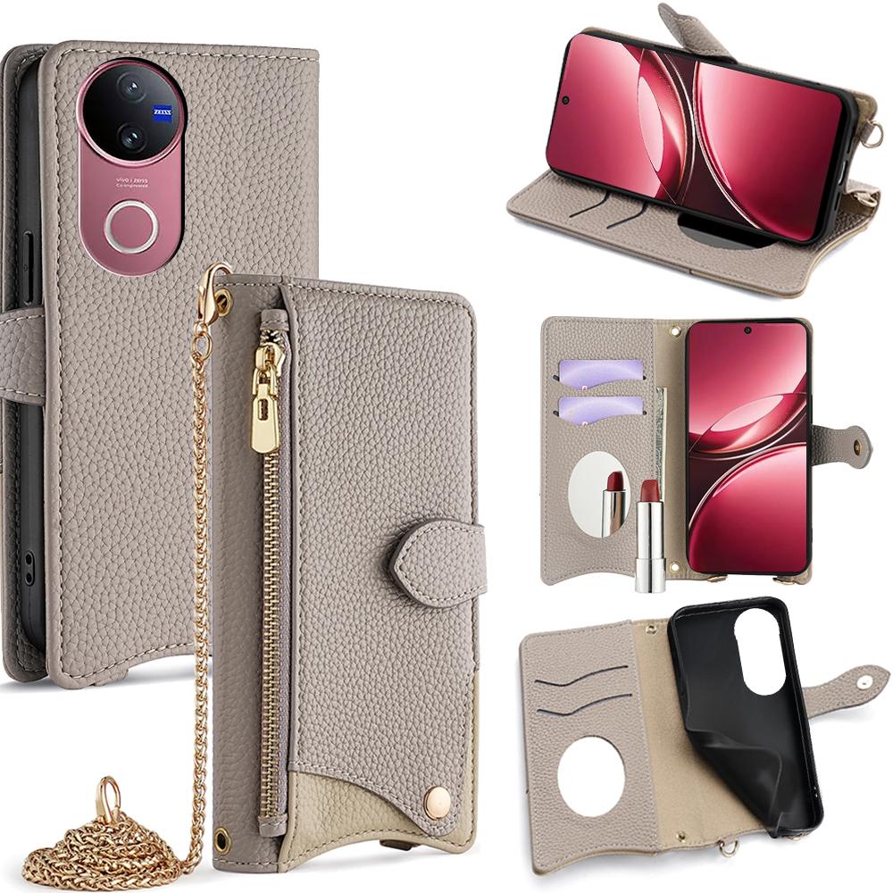 For vivo V50 5G Wallet Case Fishtail Design Leather Phone Cover with Mirror/Stand/Strap