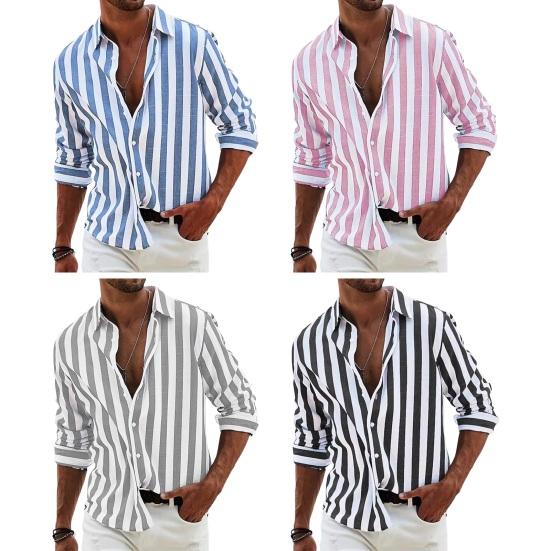 Мужская рубашка на весну и осень с отложным воротником в тон, полосатый принт с длинными рукавами, однобортный свободный кардиган, деловой топ