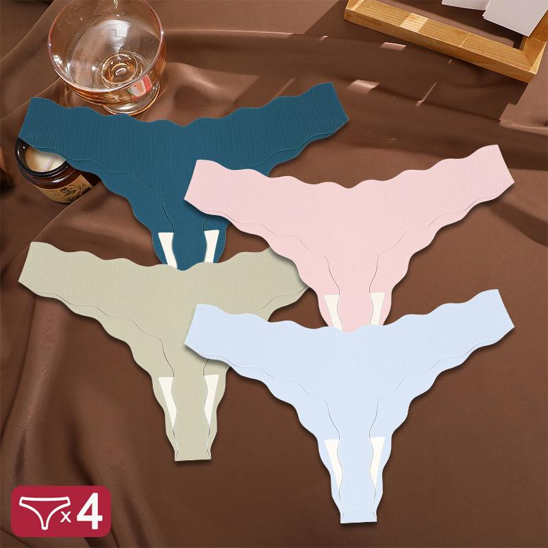 FINETOO 4PCS/Set Women's Panties Ice Silk Satin Seamless Thongs Fashion Seamless Panties Sexy Lingerie Lady Sports Wavy Edge G-Strings