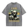 Vintage Washed Beige Retro Man Drinking Portrait Graphic T Shirt Color Block Stripe Print Oversized Men Casual Short Sleeve Tee