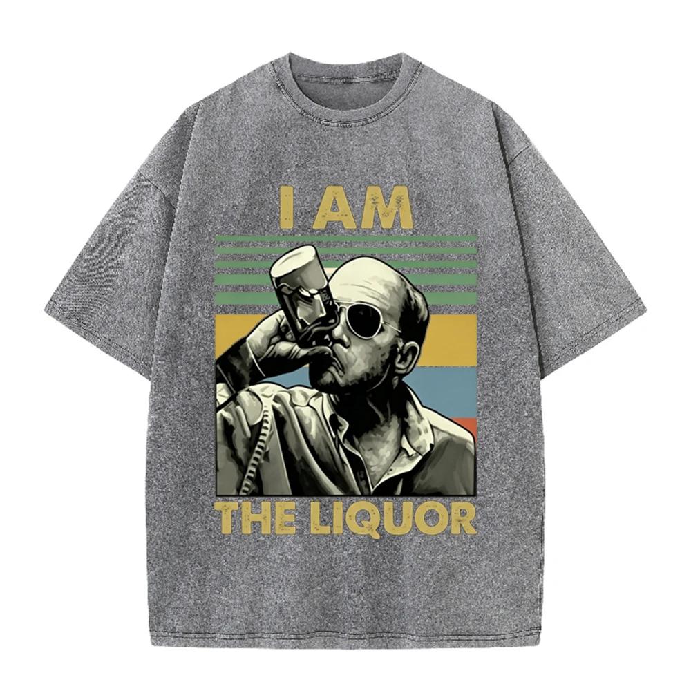 Vintage Washed Beige Retro Man Drinking Portrait Graphic T Shirt Color Block Stripe Print Oversized Men Casual Short Sleeve Tee