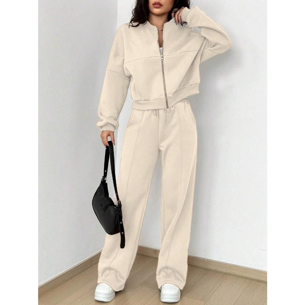 Autumn Solid Color Zipper Casual Sports Long Sleeved Top with Drawstring Casual Pants Two-piece Set