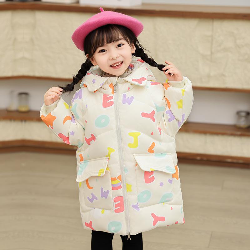 Детская пуховая куртка для девочек средней длины, новый стиль, утепленное стильное пальто для маленьких и средних детей
