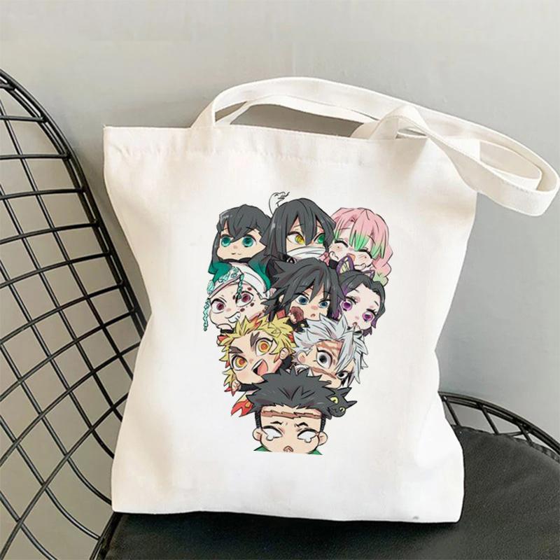 Kawaii Demon Slayer Kimetsu No Yaiba Аниме Сумка-шоппер Большая сумка Сумка для покупок Дорожная парусиновая сумка Pacakge Ручная сумка Белая пляжная сумка