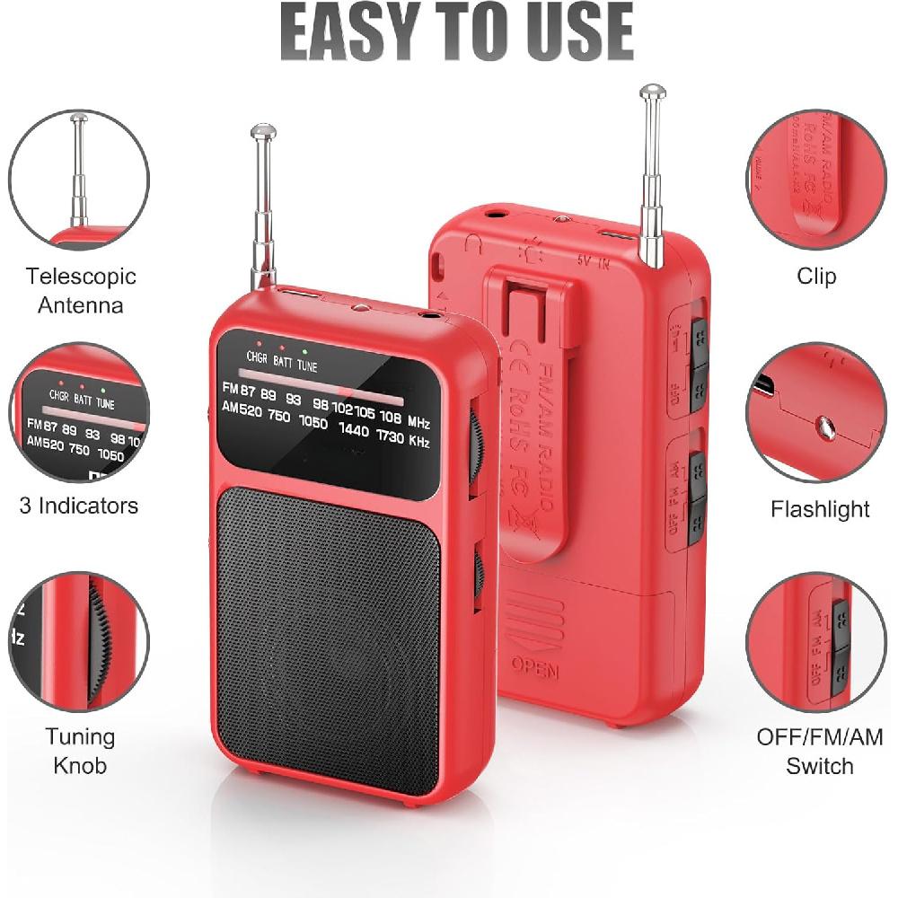 Карманный радиоприемник AM FM USB-C с зарядкой и питанием от аккумулятора, отличный прием, чистый звук, динамик и разъем для наушников, задняя клипса, фонарик, транзисторное радио