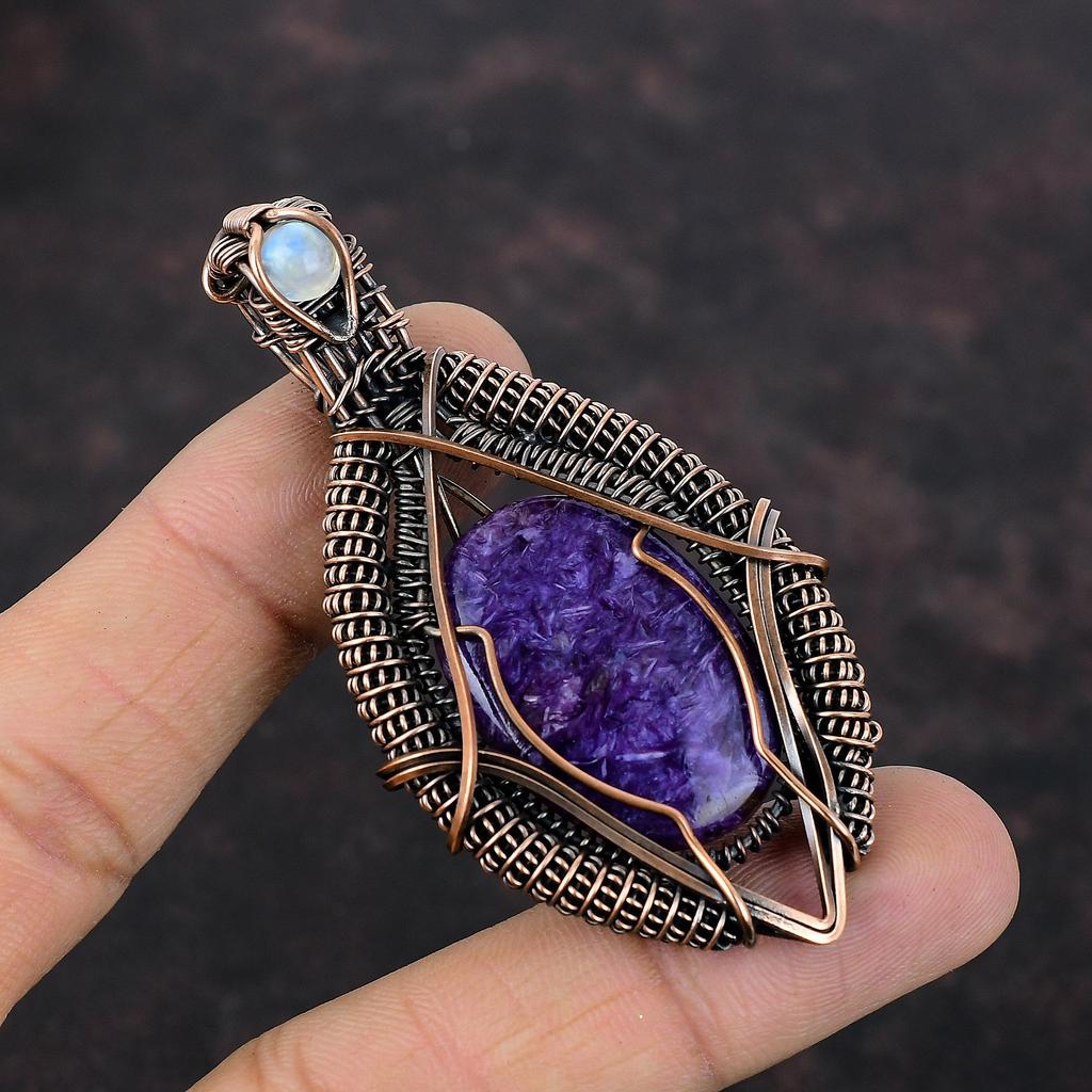 Подвеска из чароита, медная проволочная обертка, ручная работа, проволочная обертка, подвеска из радужного лунного камня, подвеска из драгоценного камня, медные украшения для подарка