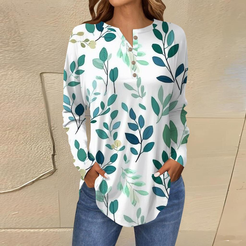 Модная свободная футболка с длинным рукавом и цветочным принтом на пуговицах, топ-пуловер