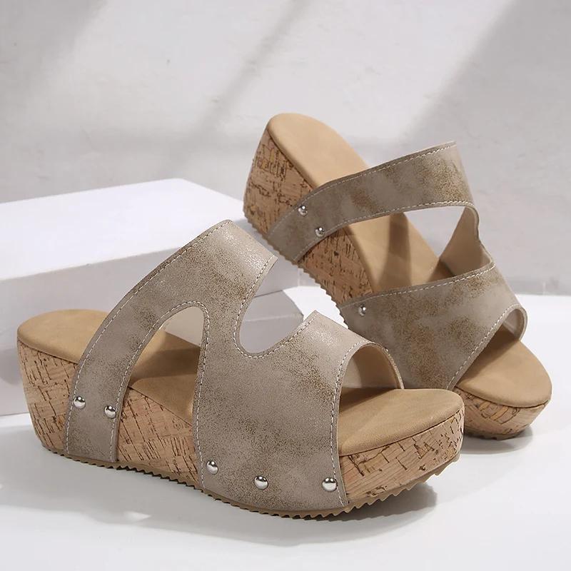 Fashion Plus Size 36-43 Chunky Platform Sandals Women 2025 Open Toe Summer Wedge Slippers Woman Rivets Decor Thick Bottom Slides Female
