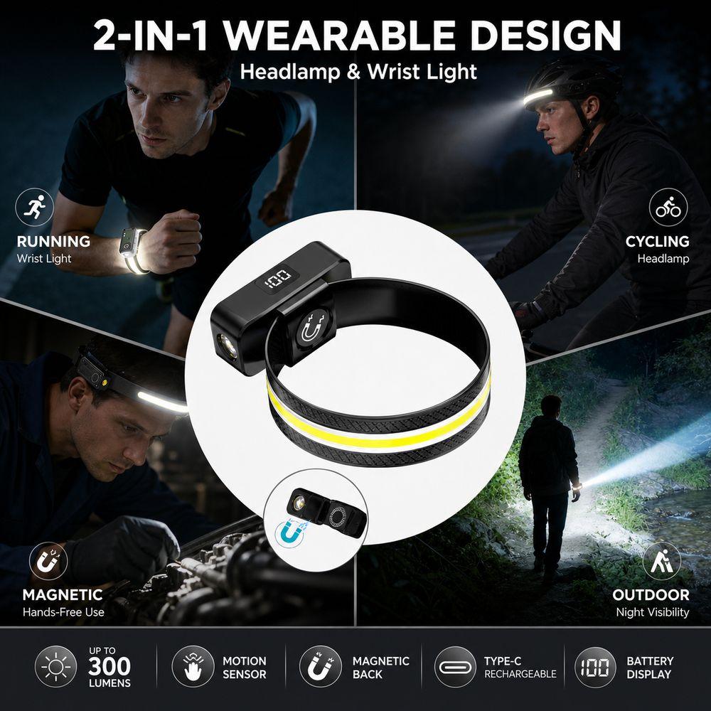 Motion Sensor Wristband Running Light Wave Sensing COB Floodlight Headlamp Cycling Use