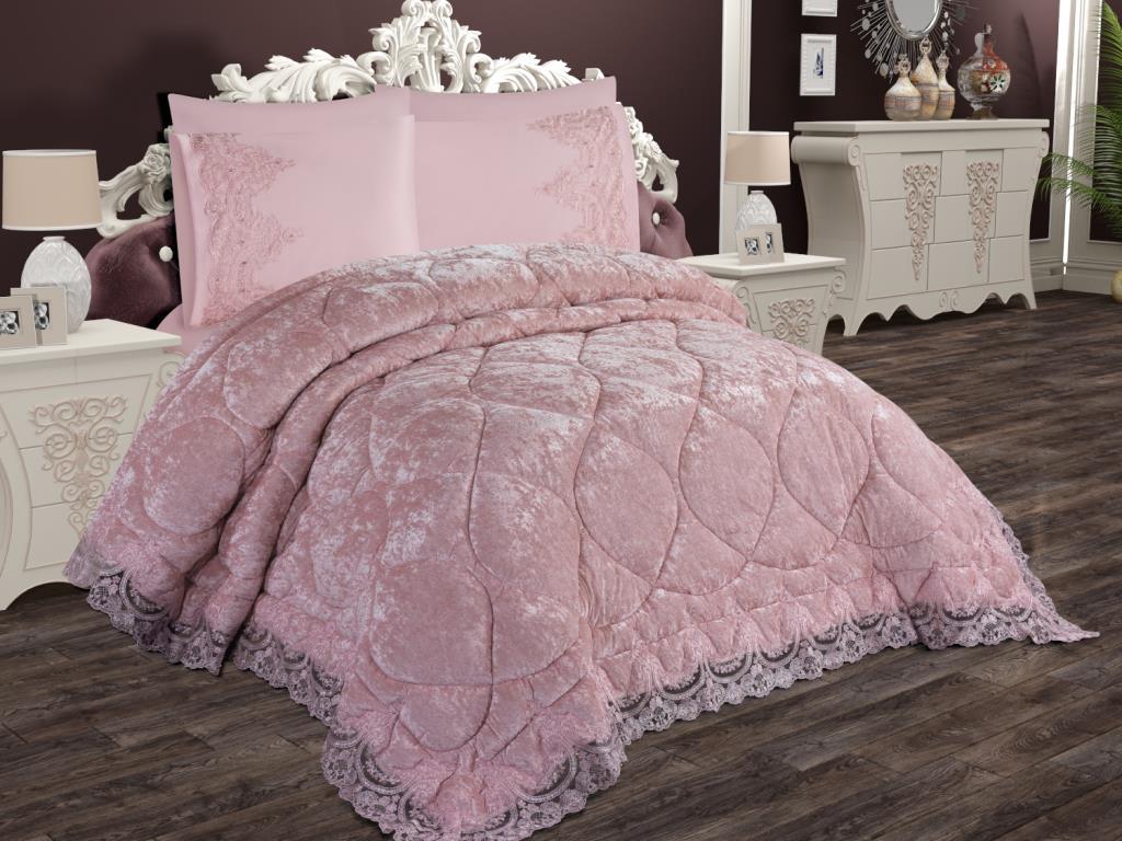 Ayzer Velvet Comforter Set 6pcs, Comforter 240x250, Sheet, Pillowcase 50x70, Double Size, Powder