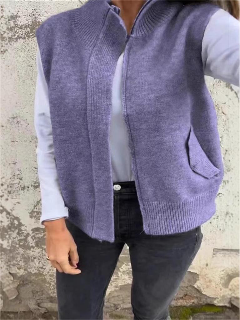 European and American Women's Autumn/Winter Stand Collar Zipper Sweater Vest - Loose Knit Casual Cardigan