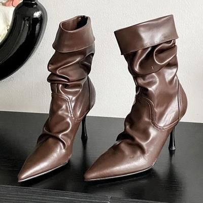 Мода Мода Плиссированный Дизайн Шитья Ботильоны Женские Элегантный Острый Носок Тонкий Каблук Современные Сапоги Комфорт Мягкая Кожа Zapatos De Mujer
