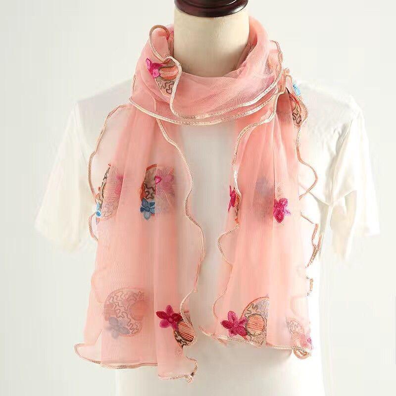 Lotus Leaf Edge Embroidered Wrapped Scarf Women's Long and Versatile High Elasticity Embroidered Scarf Silk Scarf