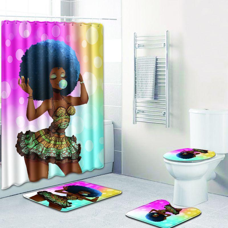 Shower Curtain Floor Mat Set African Woman E-Commerce Bathroom Carpet