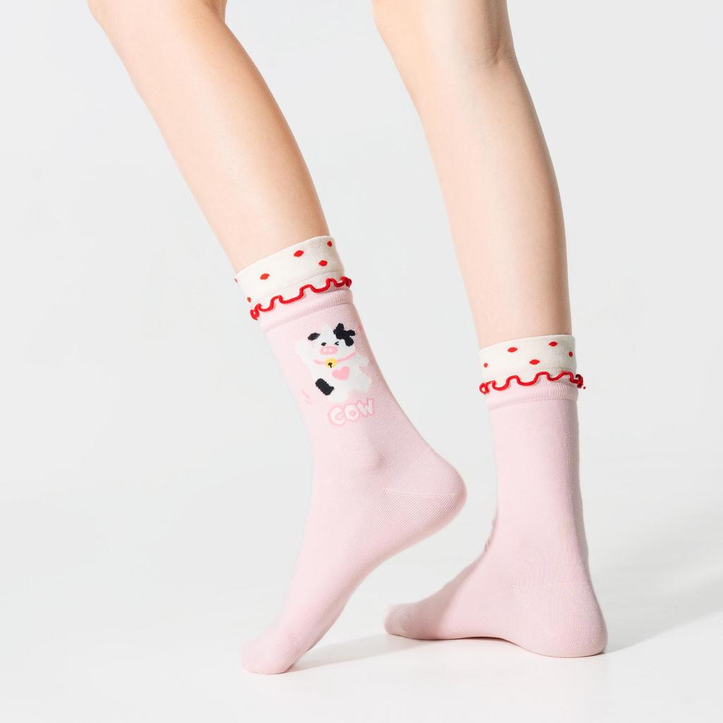 Милые мультяшные носки из кружевной сетки в горошек - Женские весенне-осенние хлопковые носки до середины икры, Сладкий дизайн с животными