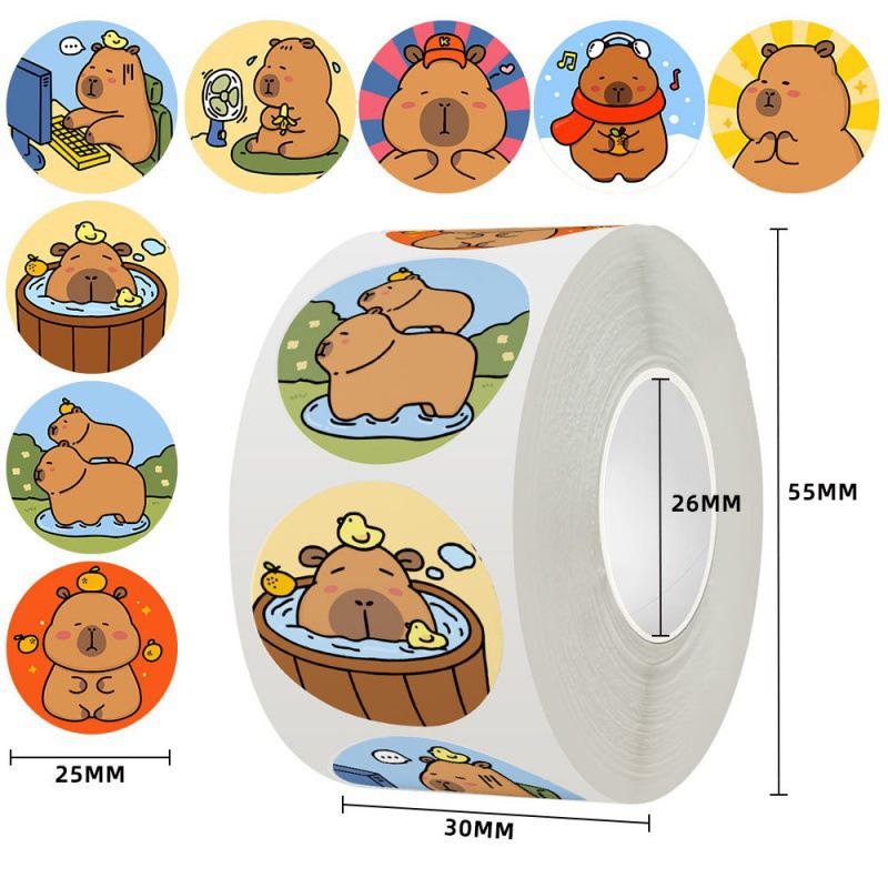 500Pcs/Roll Cartoon Animal Sticker Capibara Kapibala Rabbit Cat Bear Hand Account Decals Gift Bag Sealing Sticker Baking Label