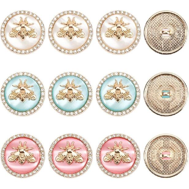 GORGECRAFT 12Pcs Metal Rhinestone Button 3 Colors 3D Bee Round Button 18mm Gold Buttons with Bees & Rhinestone & Resin for Blazer Suits Sport Coat