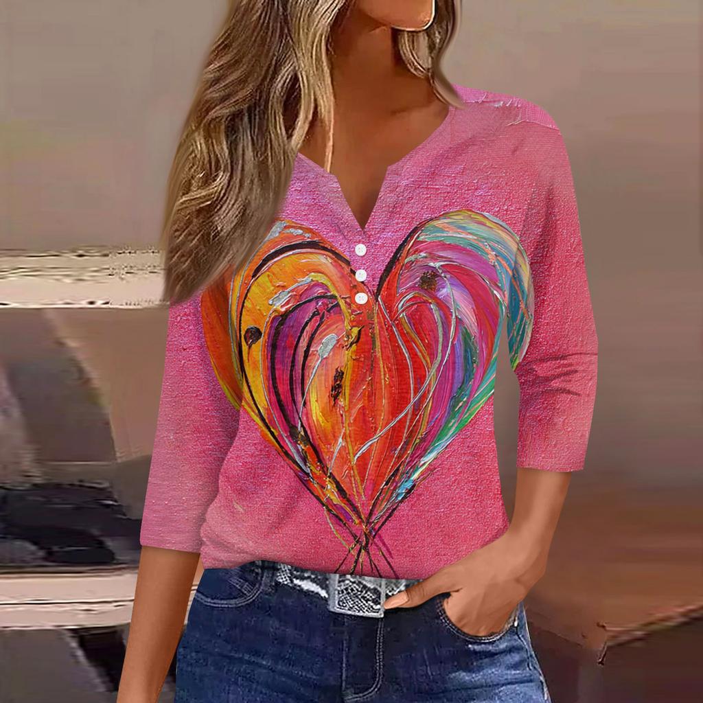 Жен. Футболка Футболка С принтом Пуговицы Рукав 3/4Ежедневно Выходные Мода Классический Топ с v-образным вырезом Обычный