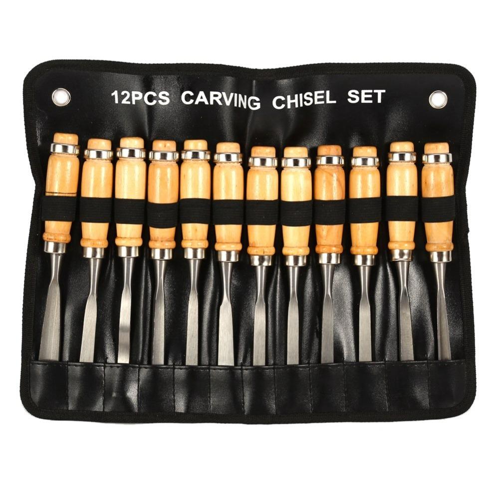 12pcs Steel Hammer End Wood Carving Chisel Set Wood Gouge Turning Tools  For Beginners
