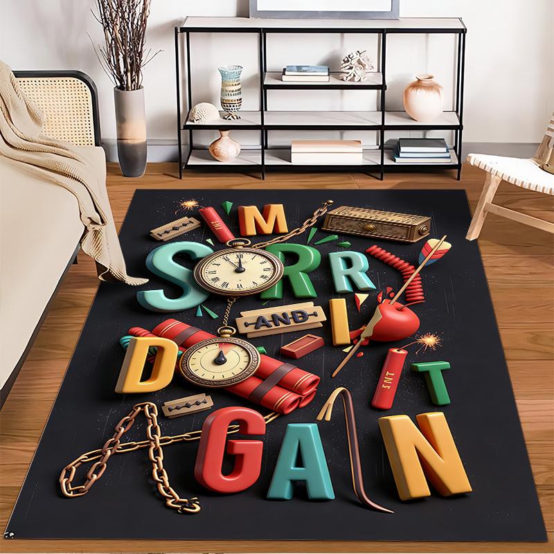 Colorful Lettered Carpet with Clocks, Chains, Dynamite Design on Black Suitable for use as an anti-slip for living room bedroom sofas