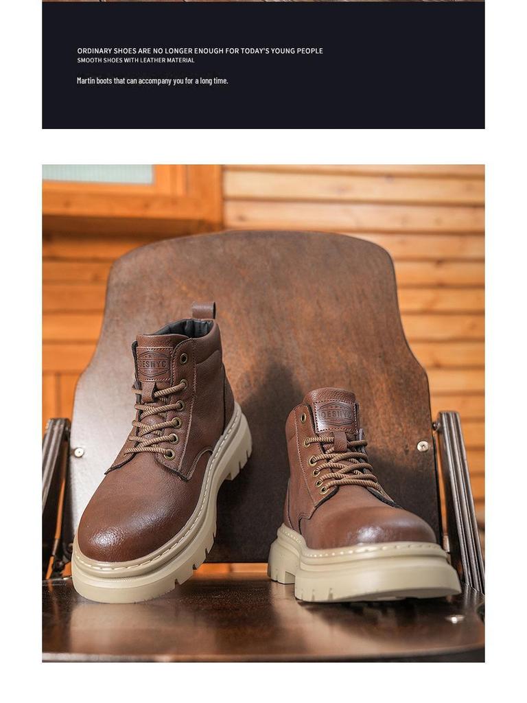 2024 Men's Black Leather High-Top Martin Boots: Retro, Thick-Sole Casual for Autumn/Winter