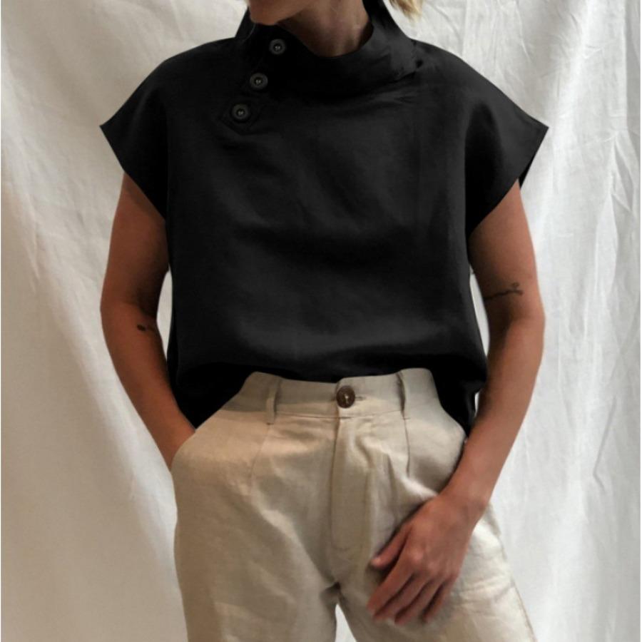Womens Casual Blouse Summer Side Button Cotton Blouse Solid Color Short Sleeve Linen Tops Casual Ladies Breathable Shirt