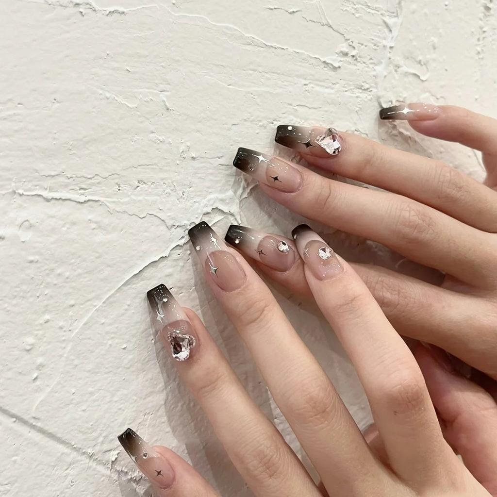 24PCS/SET Quick Nails Punk Party Manicure Dark Long Ballet False Nails Waterproof Wearable Finished Nail Stickers