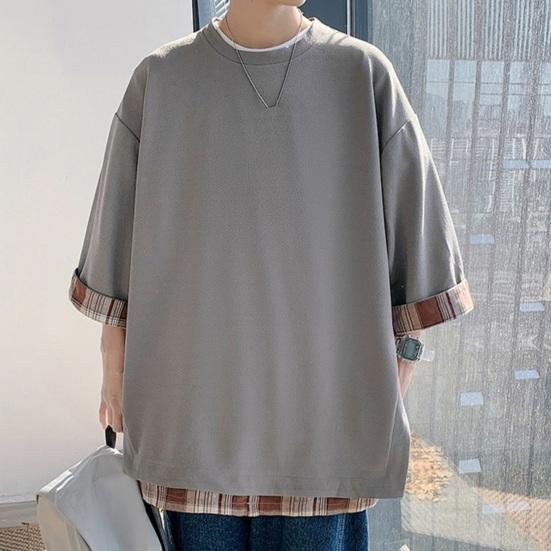 Летняя мужская футболка с круглым вырезом, свободная, искусственная, из двух частей, средней длины, сплошной цвет, плюс размер, рукава три четверти, уличная одежда, топ на открытом воздухе