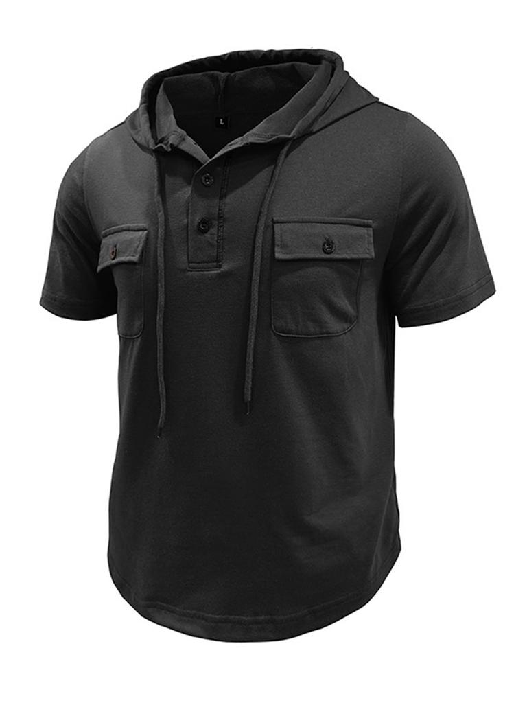 Мужская летняя рубашка с капюшоном, повседневная, однотонная, на 1-3 пуговицах, с коротким рукавом, худи, топы для пляжного отдыха, уличная одежда