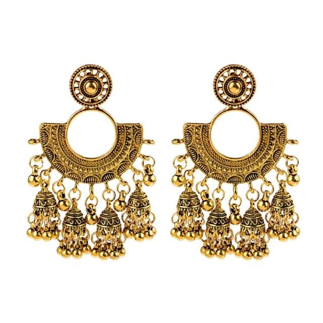 Новые этнические винтажные женские геометрические турецкие серьги Jhumka индийские украшения золотые серьги с кисточками в виде колокольчиков турецкие украшения