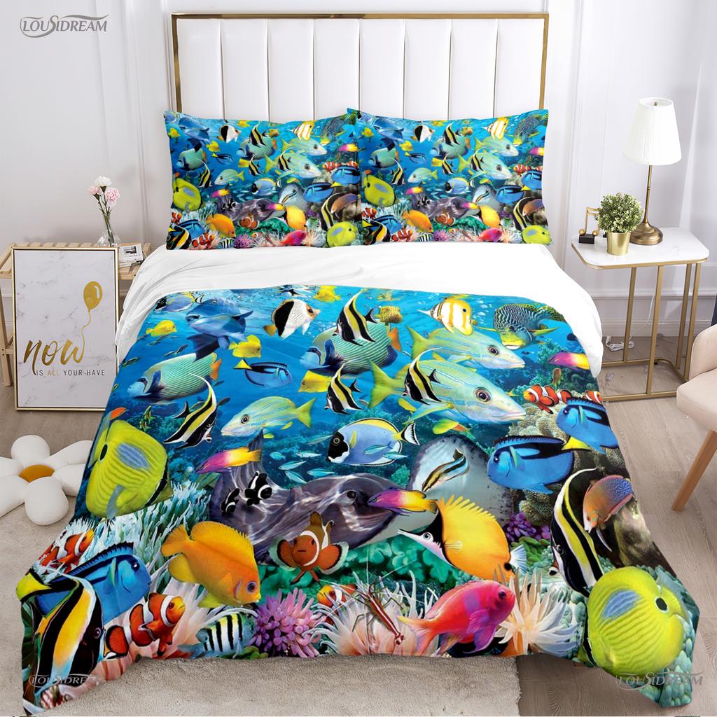 3D Ocean World Dolphin Whale Fish Duvet Cover Comforter Beding Set Soft Quilt Cover and Pillowcase for Single/Double/Queen/King
