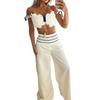 2 Pcs/Set Women Crop Top Pants Suit Low-cut Bandeau Sleeveless Ruffle Backless High Waist Wide Leg Striped Solid Color Commute Soft Summer Tube