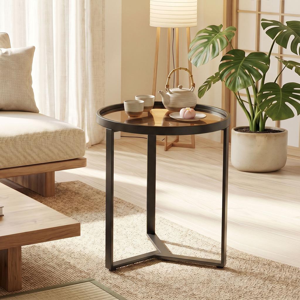 Round Side Table with Tempered Glass Top and Geometric Metal Frame for Small Space, Black