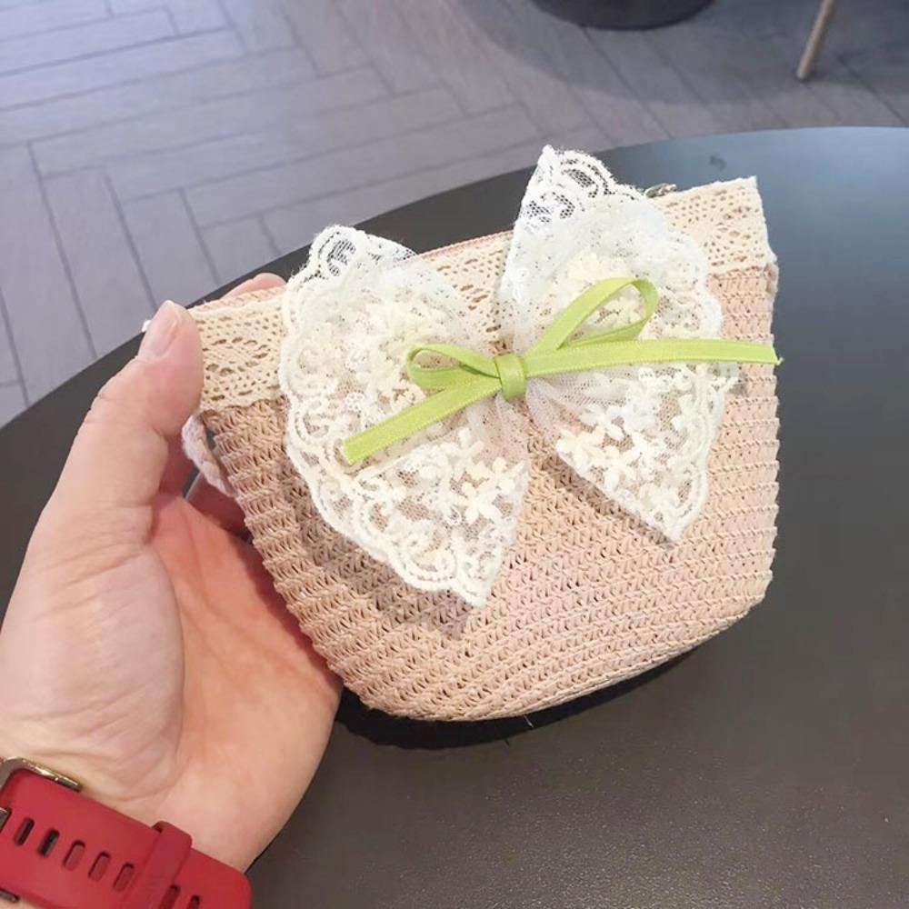 Straw Children Straw Hat Lace Beach Bucket Cap New Straw Shoulder Bag Baby Girls